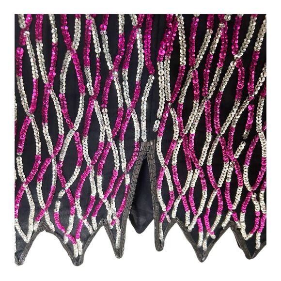 Roamans Silver/Hot Pink 80s VTG Wavy Sequin Maxi Dress Scallop Hem Sz B2=L - Picture 5 of 7